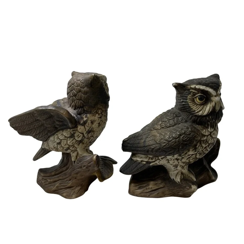 Vintage Homco Porcelain Owl On A Branch Figurines  5 X 4 Inches Set‎ Of 2